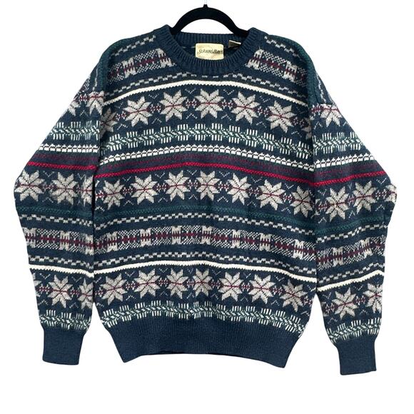 VTG Wool Sweater Lg 90s Grandpa Jumper Kurt Cobain Nordic Pattern Snowflake 80s - Picture 1 of 16